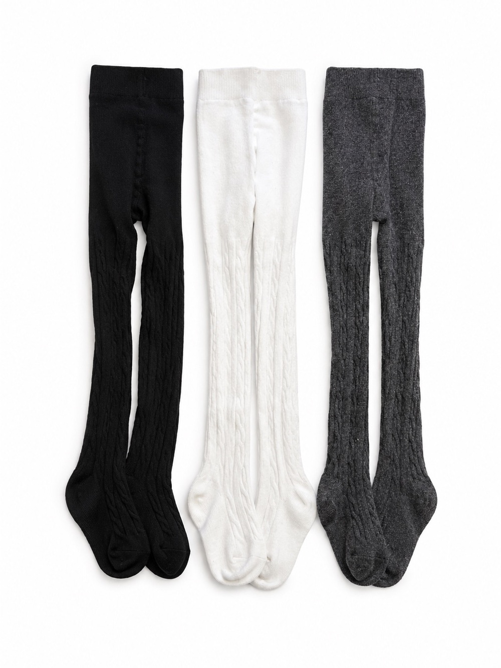 Girls Cable Knit Tights - Black, White & Gray
